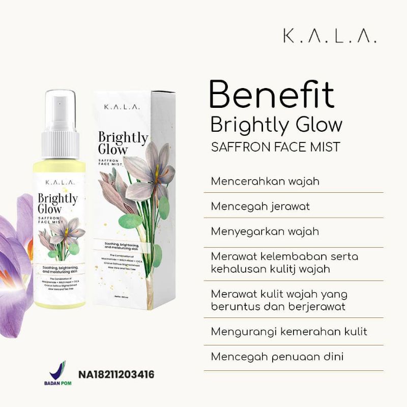 [DIST RESMI KAB BANDUNG] BRIGHTLY GLOW SAFFRON FACEMIST BY K.A.L.A WITH NIACINAMIDE + SAFFRON + AIR ZAM ZAM