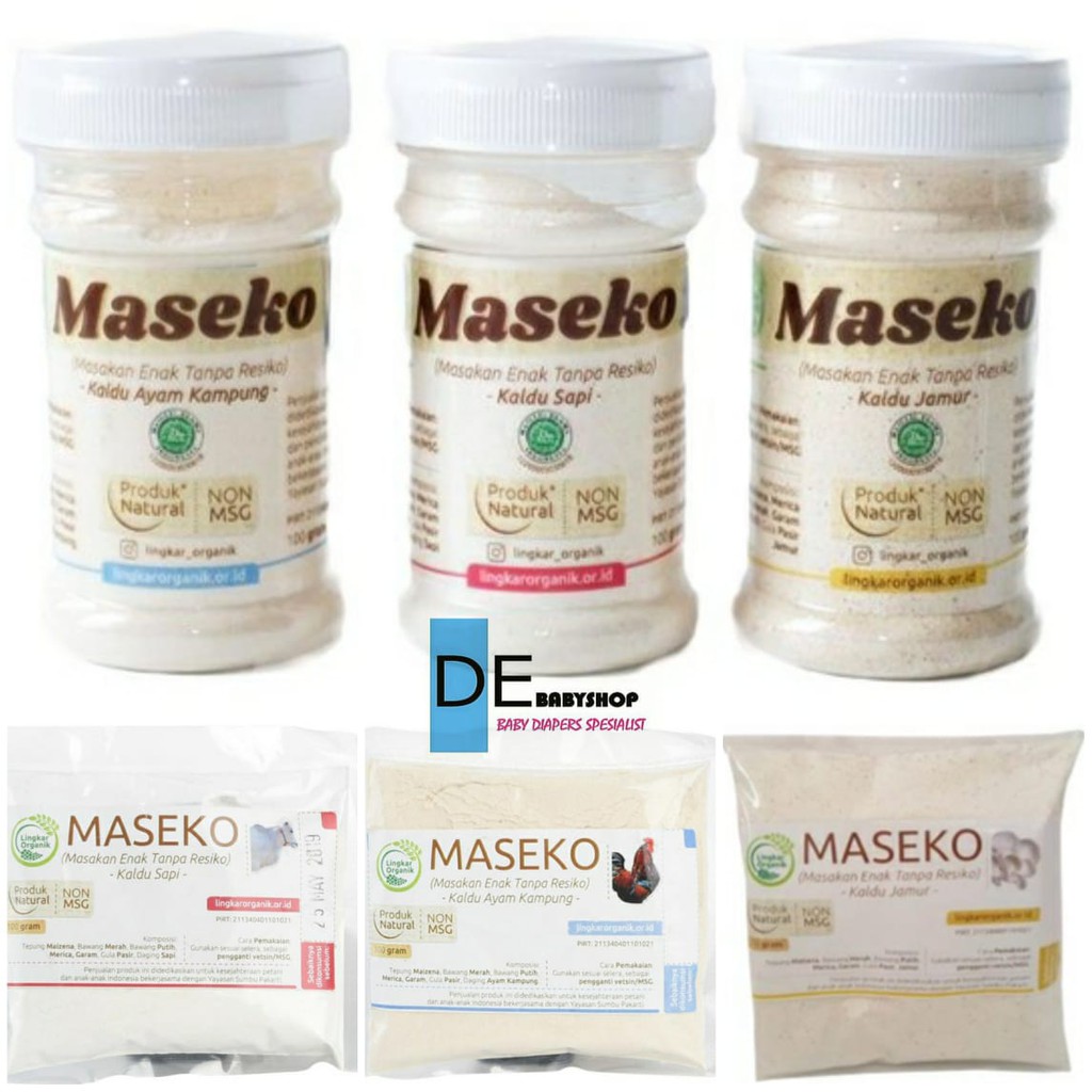 Maseko Kaldu organik BOTOL &amp; REFILL sapi ayam jamur kelor 100gr Non MSG Lingkar Organik kaldu mpasi