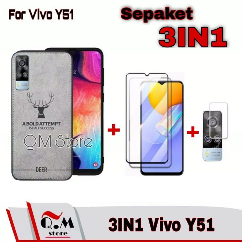 Paket 3IN1 Case Deer Vivo Y51 Softcase Canvas Jens Back Cover Slim Armor Plus TG Layar Plus Camera