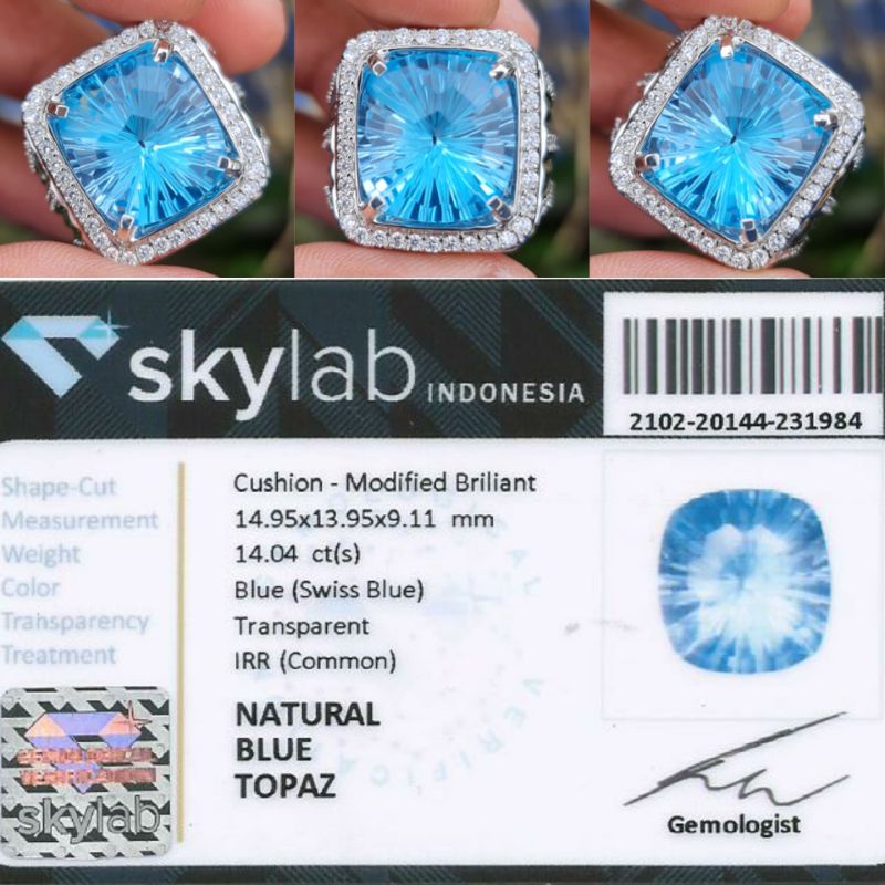 natural 14.04 cts swiss blue topaz ring perak memo SKY lab
