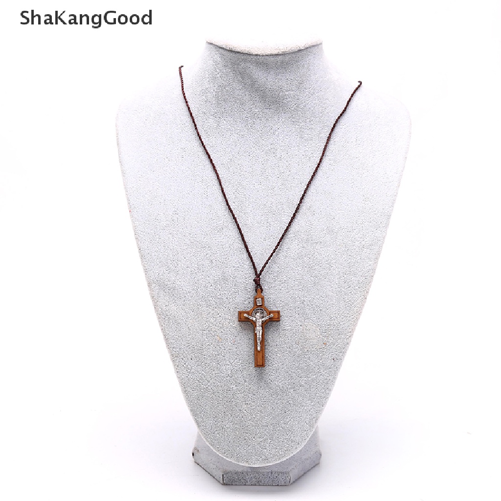 Kalung Liontin Salib Yesus Bahan Kayu Metal Gaya Retro Untuk Hadiah