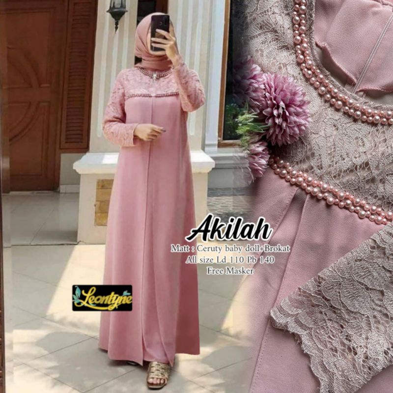 AKILAH DRESS | MAXY DRESS BROKAT AKSEN MUTIARA CERUTY BABY DOLL