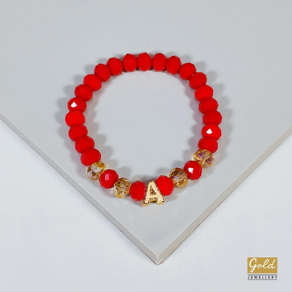 Gelang tali emas kuning kadar 700 70% charm inisial A bsr batu merah