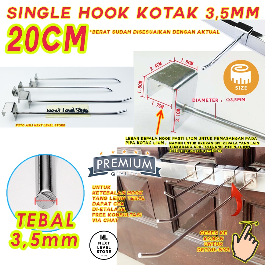 Single Hook Kotak Stainless 20 cm 20cm Cantolan Besi Tebal 3,5mm 3mm Ram Rak - LINK GROSIR