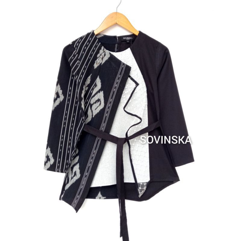 Atasan Batik/ Tenun Kombinasi WP 132 Hitam Baju wanita Baju Kerja blus Blouse Lengan Panjang Batik M