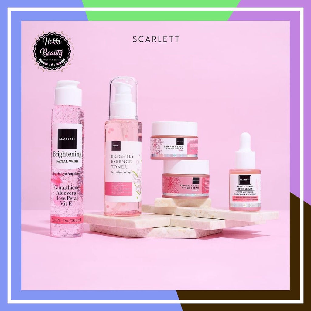 Scarlett Whitening Paket Brightening Lengkap Series (CREAM DAY - CREAM NIGHT - SERUM - TONER - FACIAL WASH ) Resmi BPOM Original