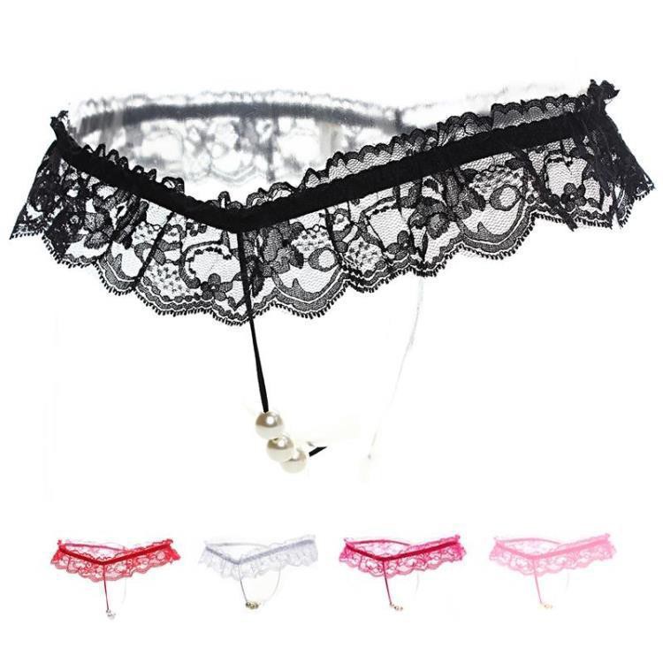 Celana Dalam Wanita Faux Pearl Massage G-string Sexy Lace Thongs C182