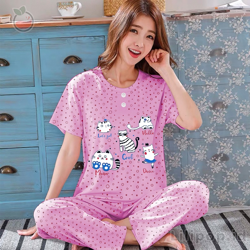 Lilipop.id  Baju Tidur Wanita CP Cat Setelan Piyama BabyDoll  Kaos Celana Panjang