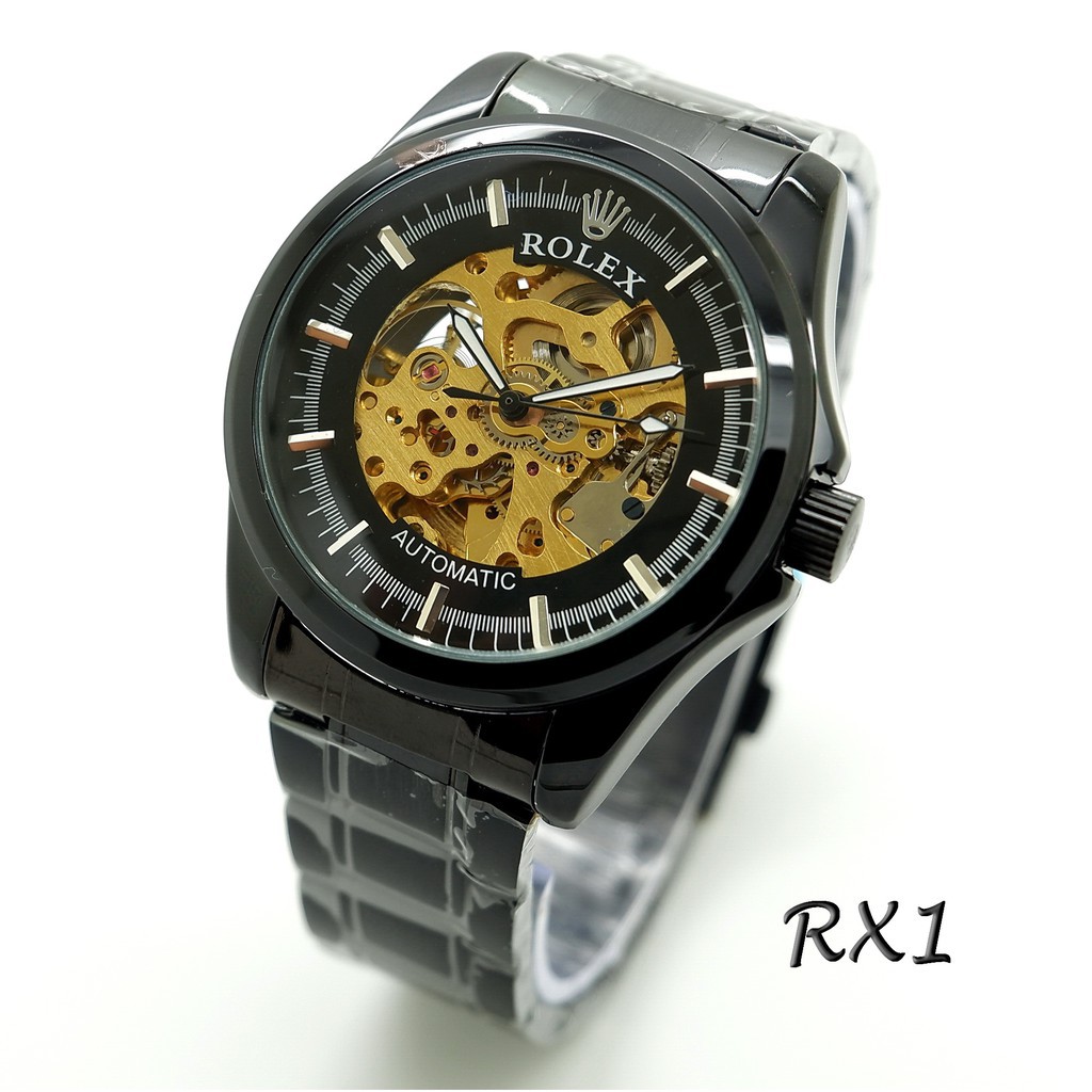 Jam Tangan Pria Rolex Automatic Rantai Skeleton Hitam