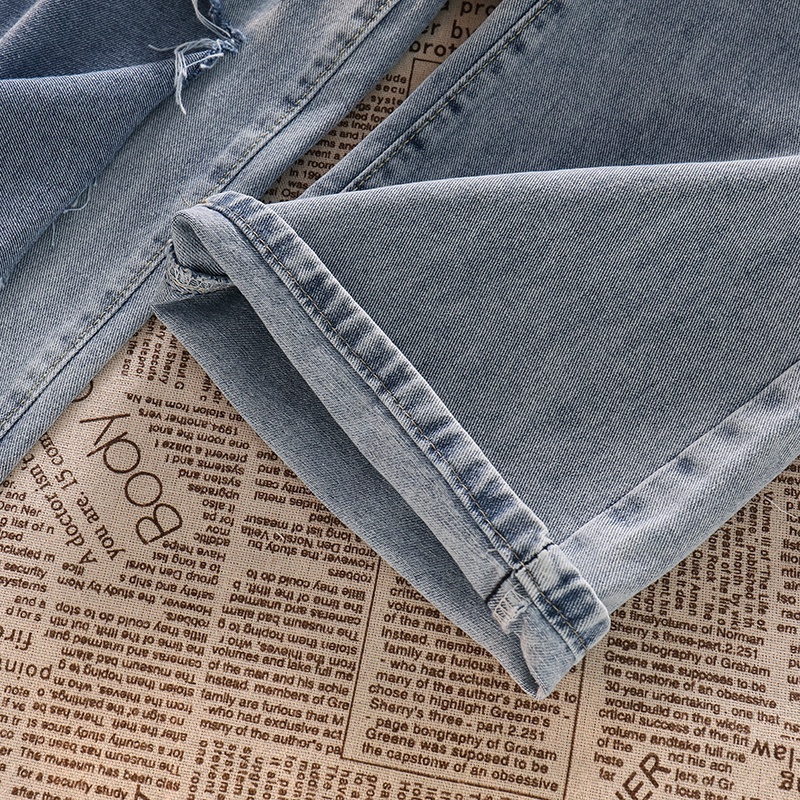 Warna Biru muda Highwaist Robek-Robek Loose Kasual Celana Jeans Panjang Wanita