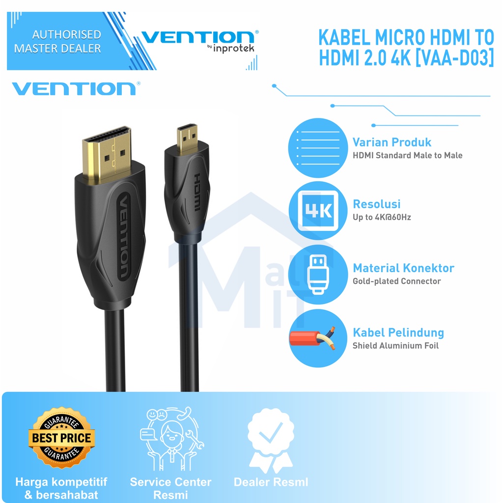 ( Bisa COD ) Vention Kabel HDMI to Micro HDMI v1.4 Full HD 3D High Speed VAA D03 Ori