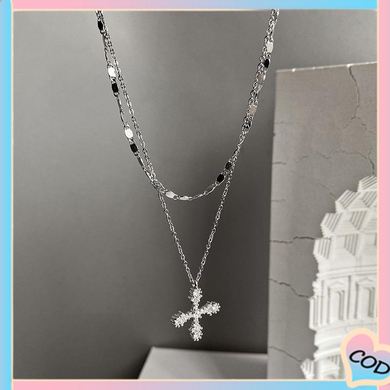 COD❤️ Hip Hop Cross Double Layer Necklace Feminin Fashion Micro Inlaid Zircon Pendant-A.one