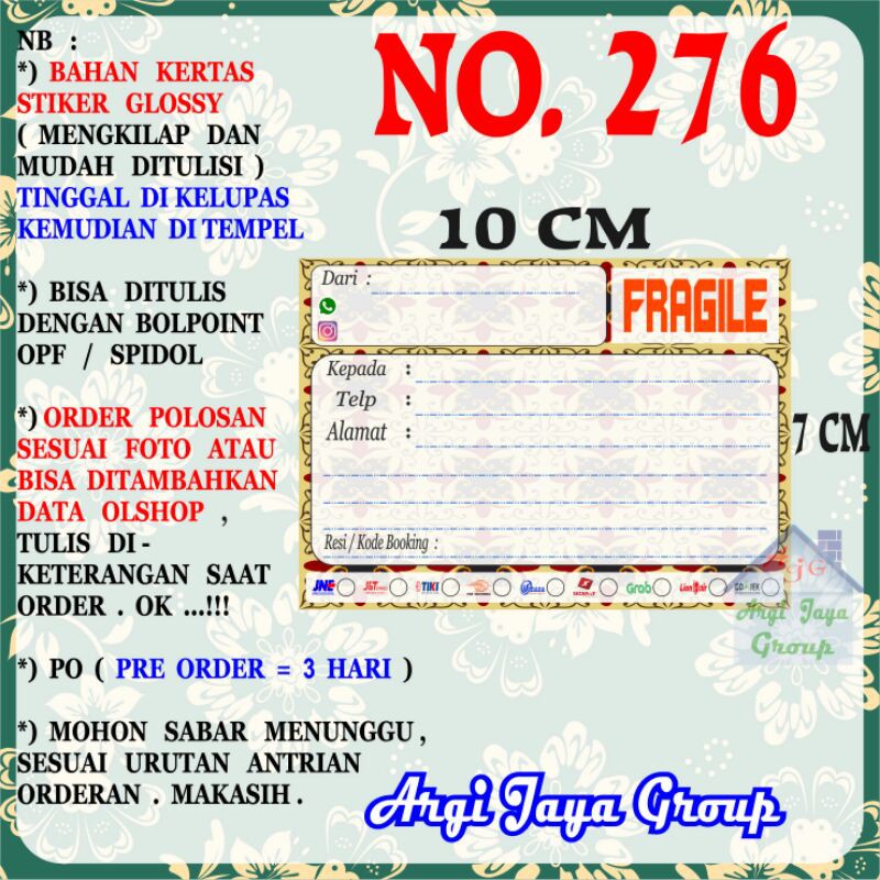 

Stiker Pengiriman - Sticker Alamat Olshop Murah Nomer 276 - 10x7 cm - Glossy