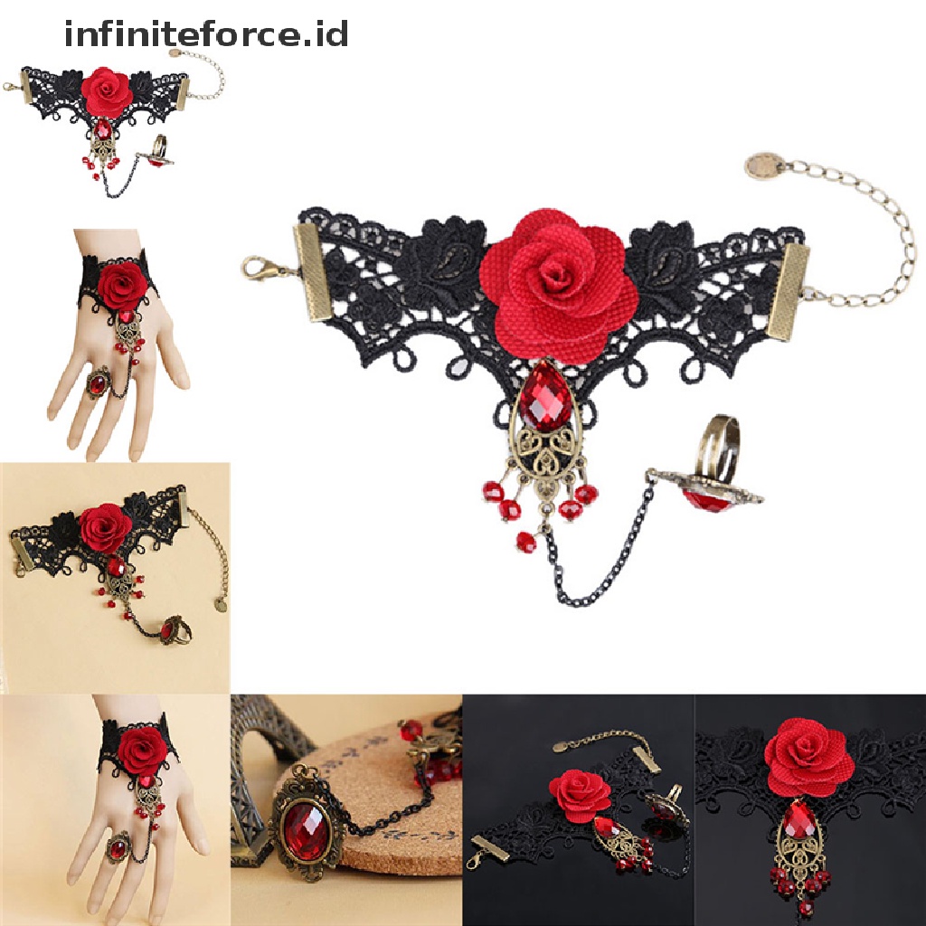 Infiniteforce.id Gelang Tangan Lace Bunga Mawar Merah Gothic Adjustable Dengan Cincin Untuk Wanita