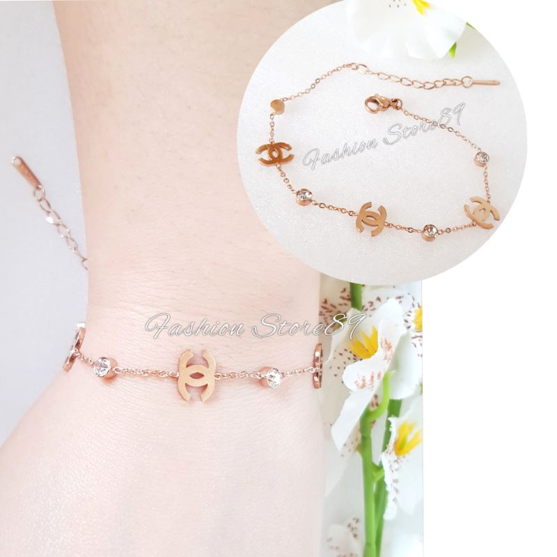 Gelang Fashion Titanium Rosegold Rantai Kombinasi Permata simple elegant