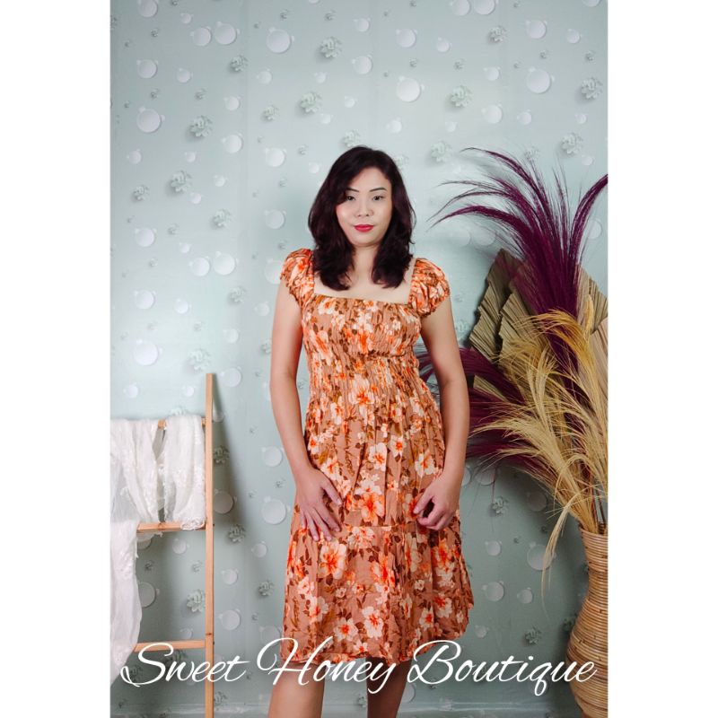 Sweet Honey ~ Dress Chanda Canda Kerut Jumbo Rayon Bali LD 120cm Dress Midi Motif Bunga Mawar Vanessa Fuji Worm