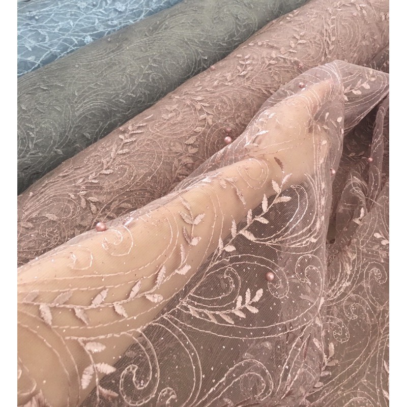 KAIN BROKAT TILE TULLE MUTIARA WARNA ROSE GOLD MOTIF DAUN KECIL