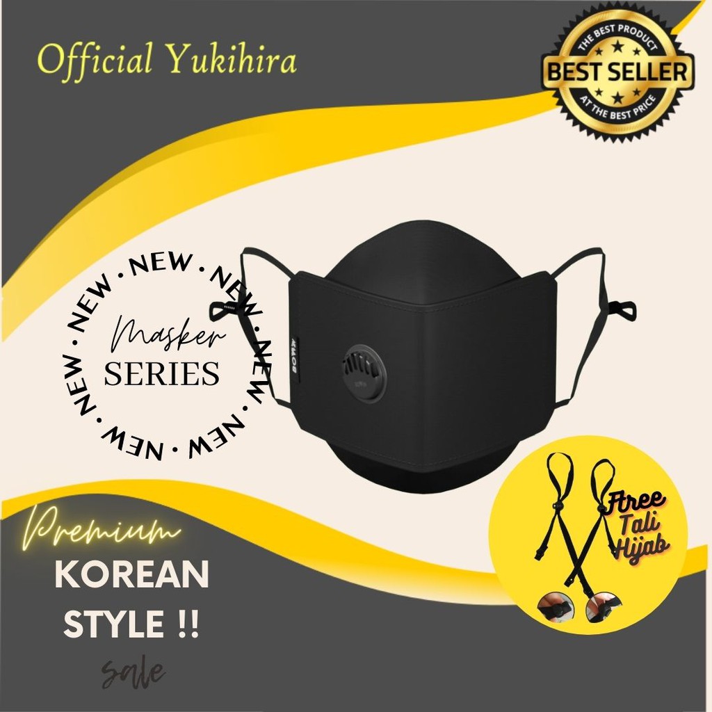 MASKER KAIIN TALI POLOS HITAM BLACK KOREA KN94 KF94 KN95 3PLY 4PLLY PREMIUM KARAKTER COWOK / HIJAB