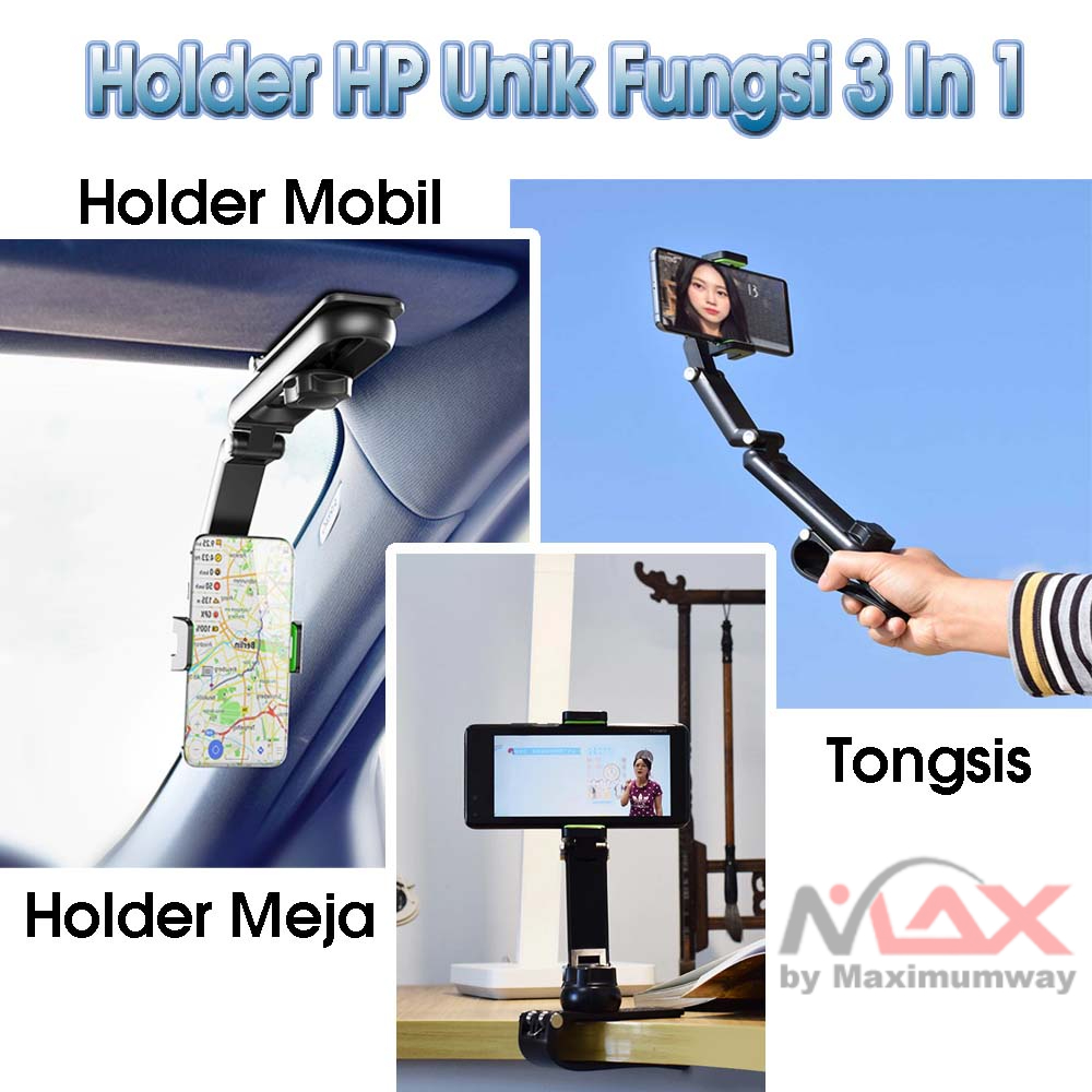 Holder HP unik 3 in 1 holder Mobil atau Tongsis atau holder meja untuk smartphone universal handphone henpon Android Apple bisa Universal Multifunctional 360 Degree Rotatable Car Phone Holder Auto Rearview Mirror Seat Hanging Clip Mount Bracket for Car