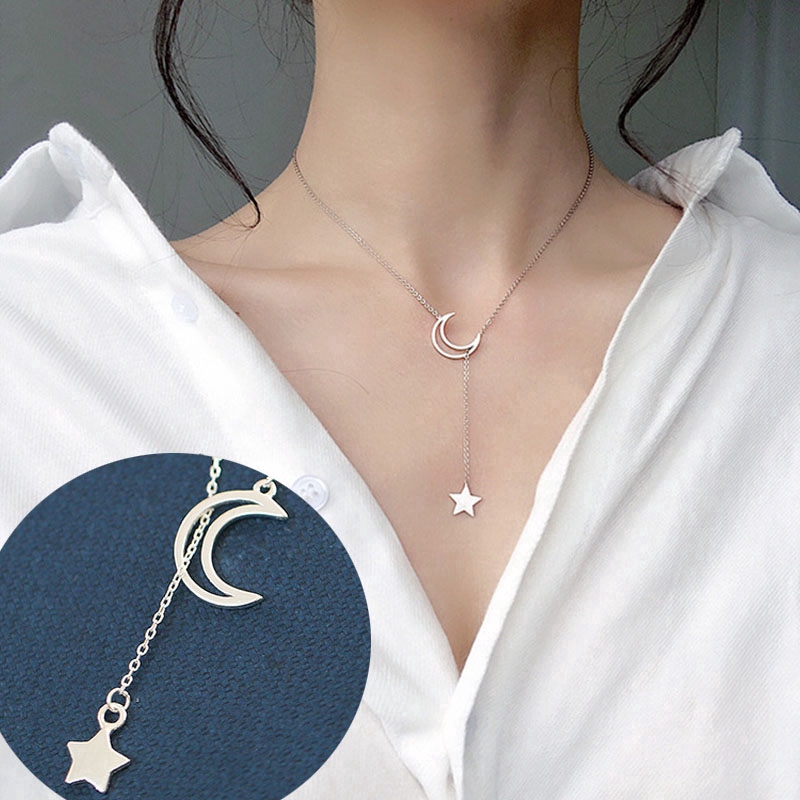 Kalung Rantai Bintang Bulan Perak Moon Star Chain Necklace Silver Pendant Women Jewelry Accessories