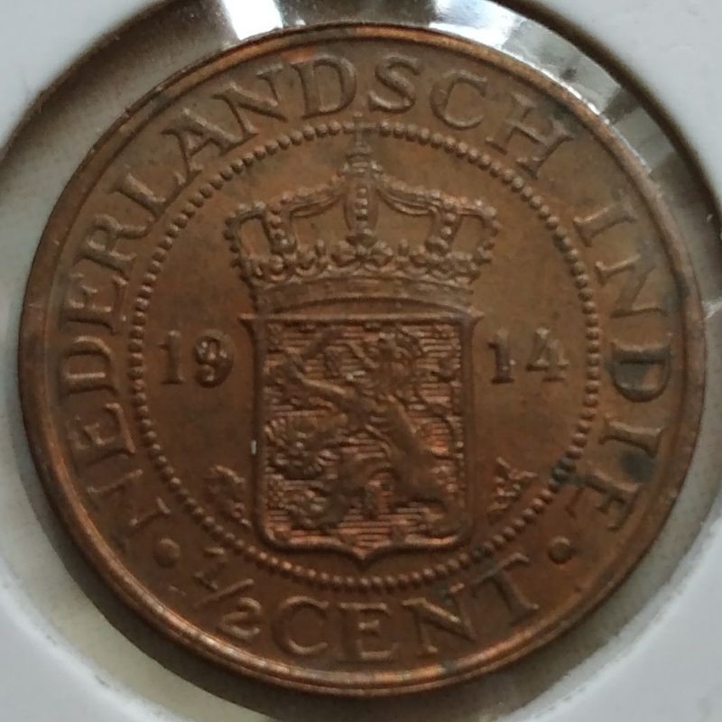 Koin Kuno 1/2 Cent Nederland Indie Tahun 1914 Benggol Bagus Lustre Kilap