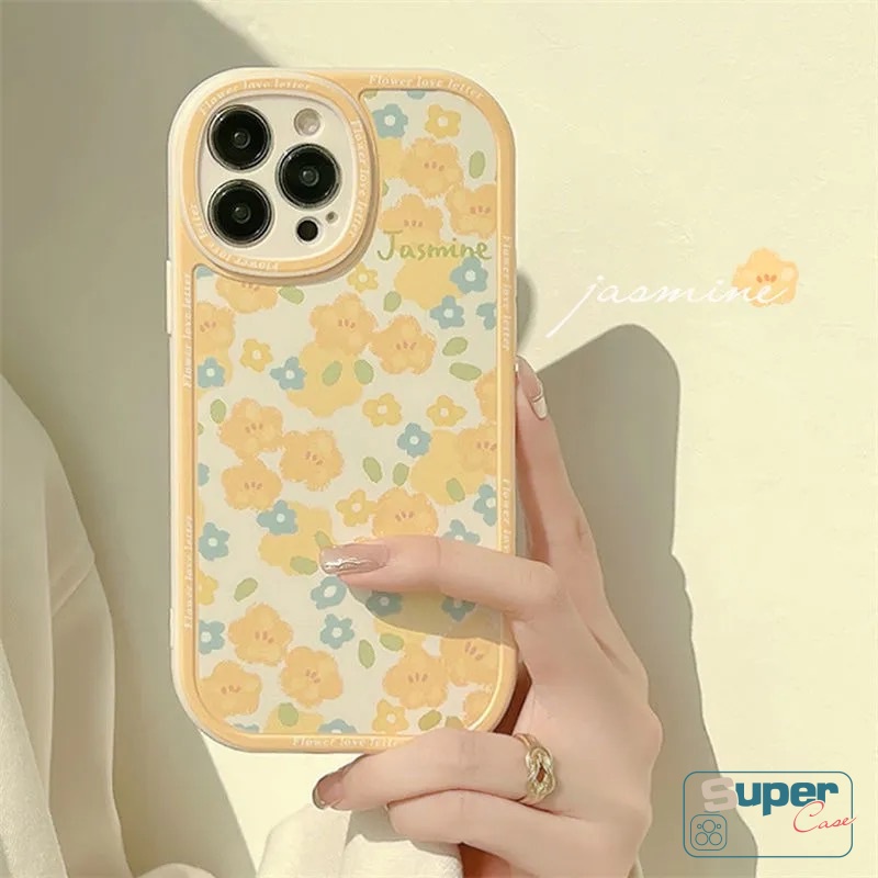 IPHONE Ins Fashion Retro Oval Segar Casing Ponsel Kompatibel Untuk Iphone14 11 XR X XS Max 13 12 11 14 Pro Max 6 6s 7 8 Plus SE 2020bunga Kuning Perlindungan Lensa Soft TPU Full Back Cover