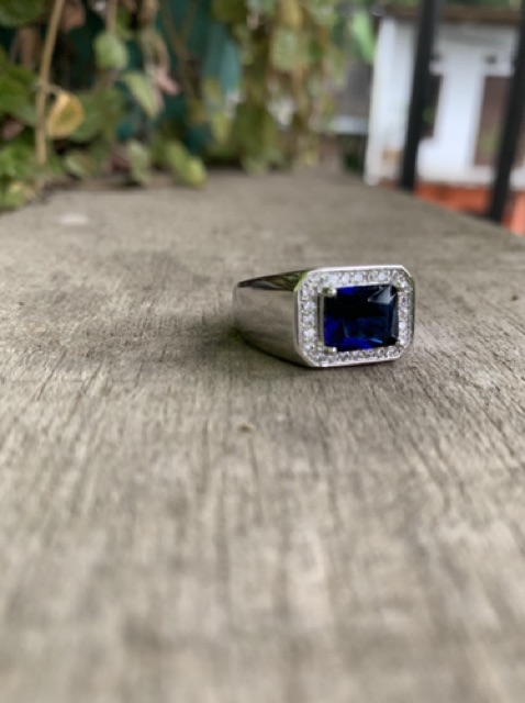 Cincin Perak Pria Sterling Silver 925 Batu Blue Safir Cubic Zirconia Size Bisa Diubah-ubah / Resize