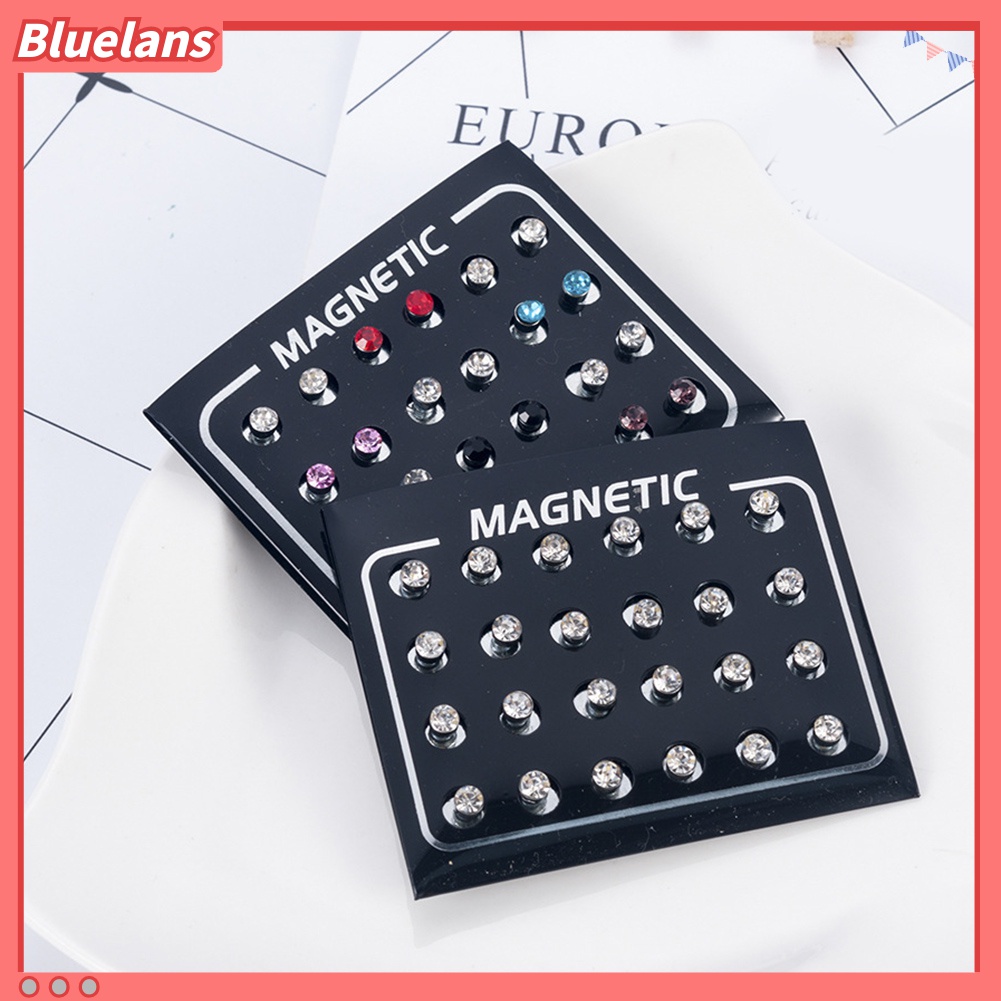 12 Pasang / Set Anting Stud Magnetik Berlian Imitasi Untuk Unisex