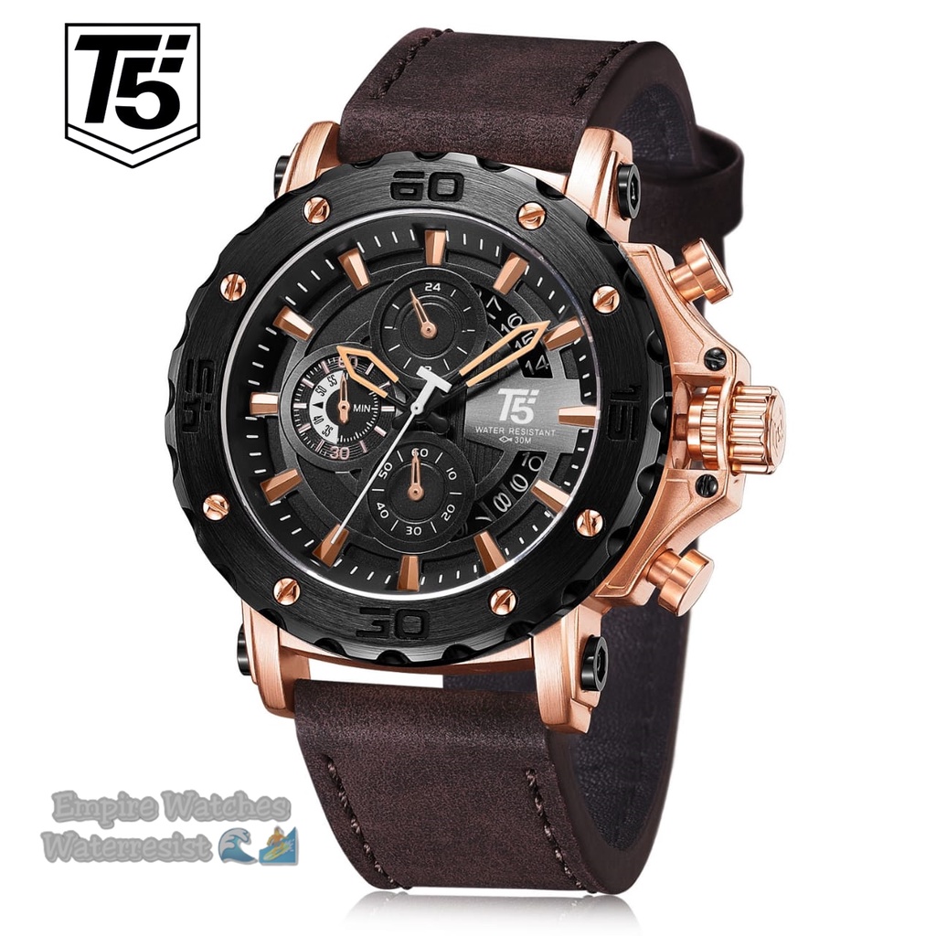 Jam Tangan T5 H3641G H3641 3641 Pria Cowok Strap Leather Analog Chrono dan Tanggal Aktif Original Wa