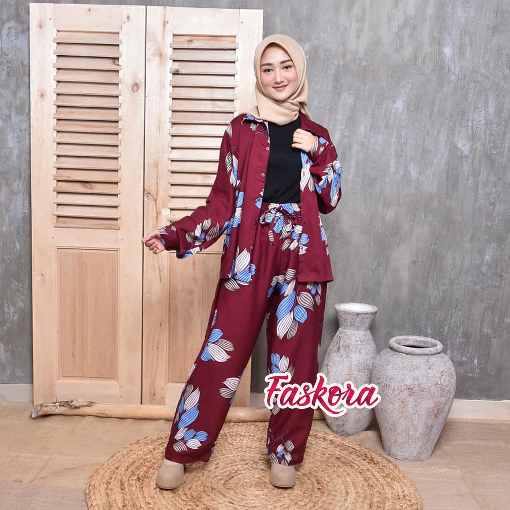 Pajamas Lengan Panjang - One Set Wanita Panjang - Setelan Jumbo Rayon Wanita Kekinian Daun Tulip