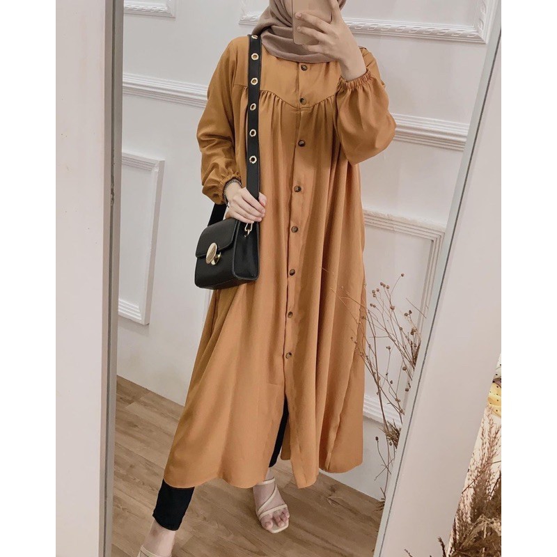 Long Tunik Mozya Full Kancing Busui Pakaian Muslim Wanita Bahan Moscrepe Premium