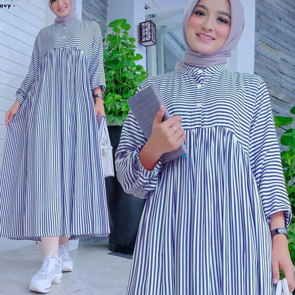 Langsung Atc Tunik Salur Jumbo XL, XXL, XXXL Katun Viscose Jawani Midi Dress Gamis Terbaru 2021 Casu