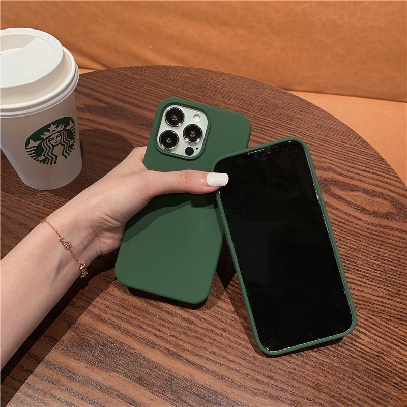 Soft Case Bahan Silikon Warna Hijau Tua Untuk iPhone 14 13 12 11 Pro X XS Max Mini XR 6 6s 7 8 Plus