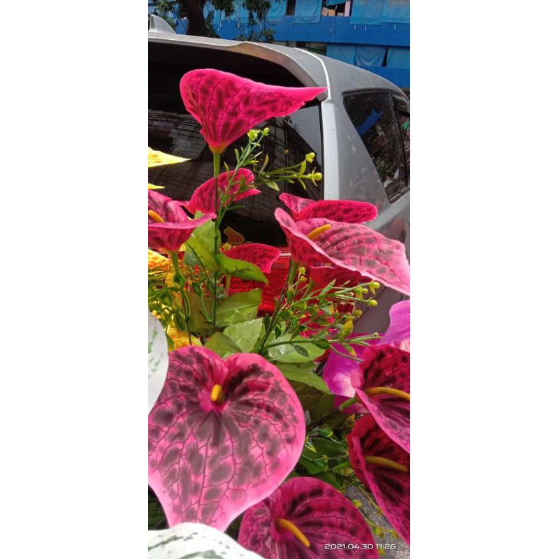 COD,Bunga artifisial  sudut Aron pandan +pot standing Besi.bunga pojok-Merah maron