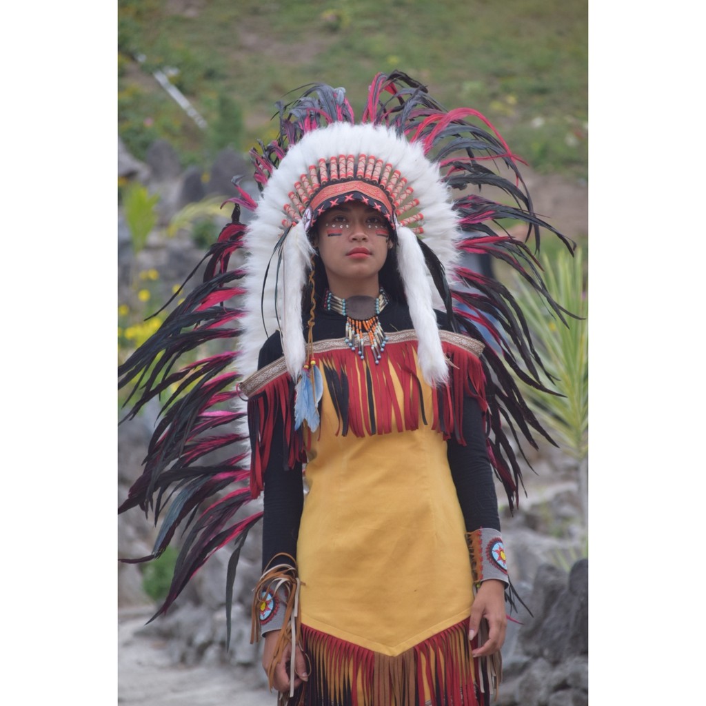 TOPI INDIAN - INDIAN HEADDRESS MEDIUM AYAM BILABONG MERAH FUR PUTIH