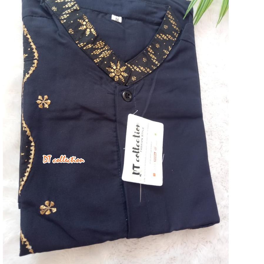 ☑ - DT COLLECTION - KEMEJA BATIK MUSLIM BORDIR GOLD PRIA COWOK NAVY LENGAN PANJANG ☪