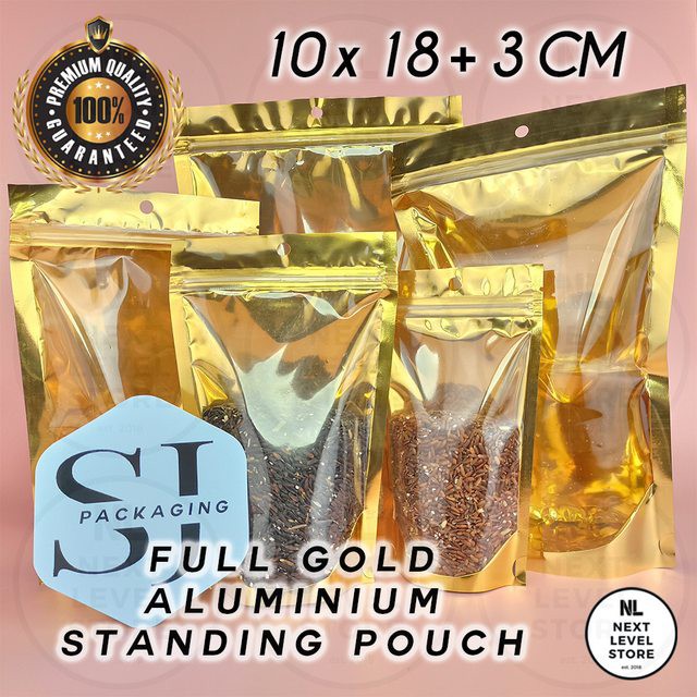 Full Gold Aluminium Standing Pouch 10x18+3cm Ziplock Premium Packaging