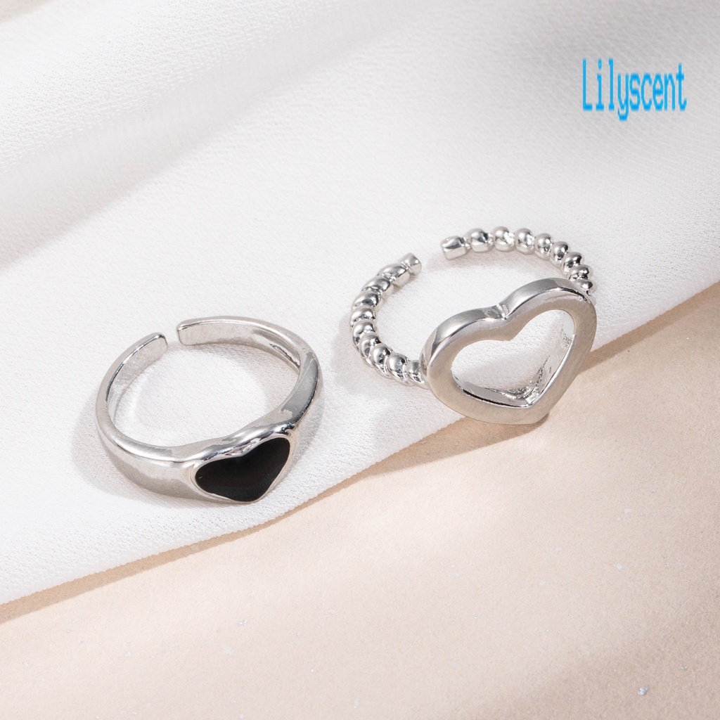 2pcs Cincin Model Terbuka Adjustable Bentuk Hati Hollow Untuk Pasangan