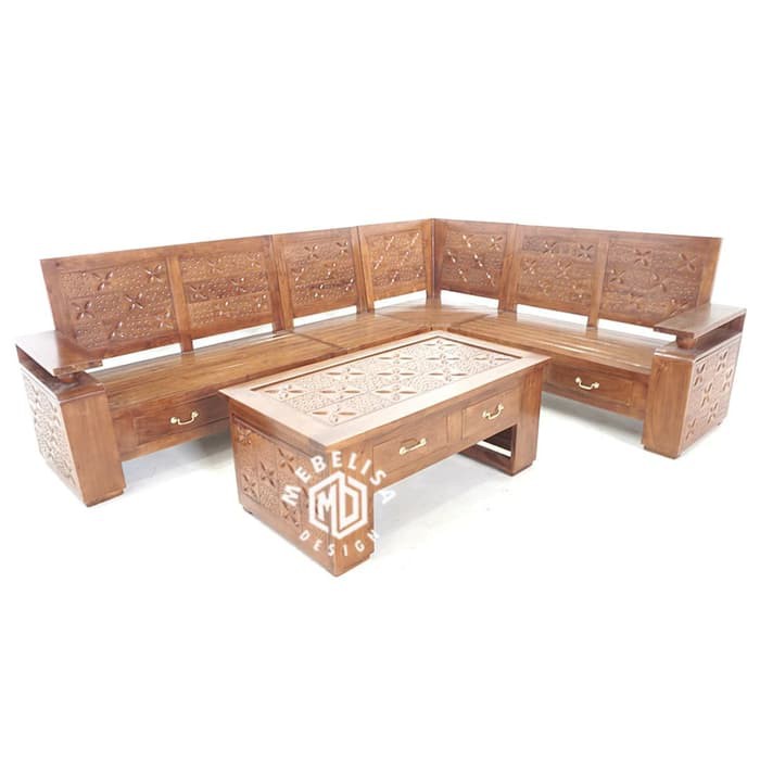 Kursi Meja Raung Tamu Sudut Laci Minimalis Jati, Meja Kursi Tamu Jati