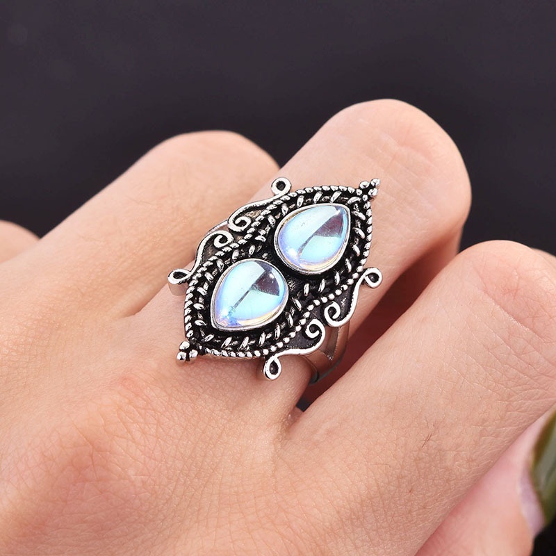 perak asli 925 cincin Wanita Fashion Perhiasan Batu Bulan berbentuk Drop