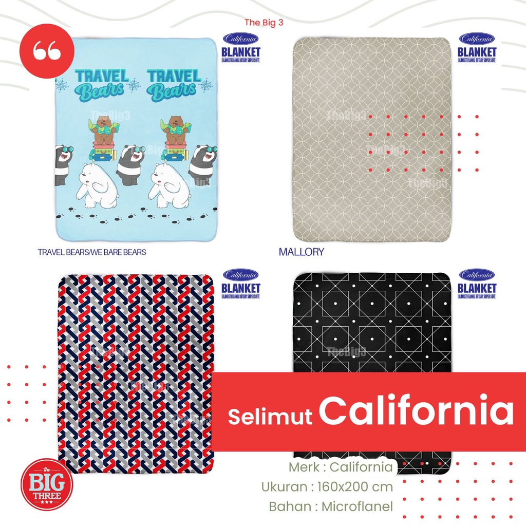 California Selimut Microflannel 160x200 Motif Alanza Cavero Giichi Hazel Rocco Lucas Helsa Orange Polka Dara Kamala Rocco Cami Valo Roux Lexxa Soren Eva Bea Mallory Lovy Laugh Ziqqy - SLMT CLF TBT