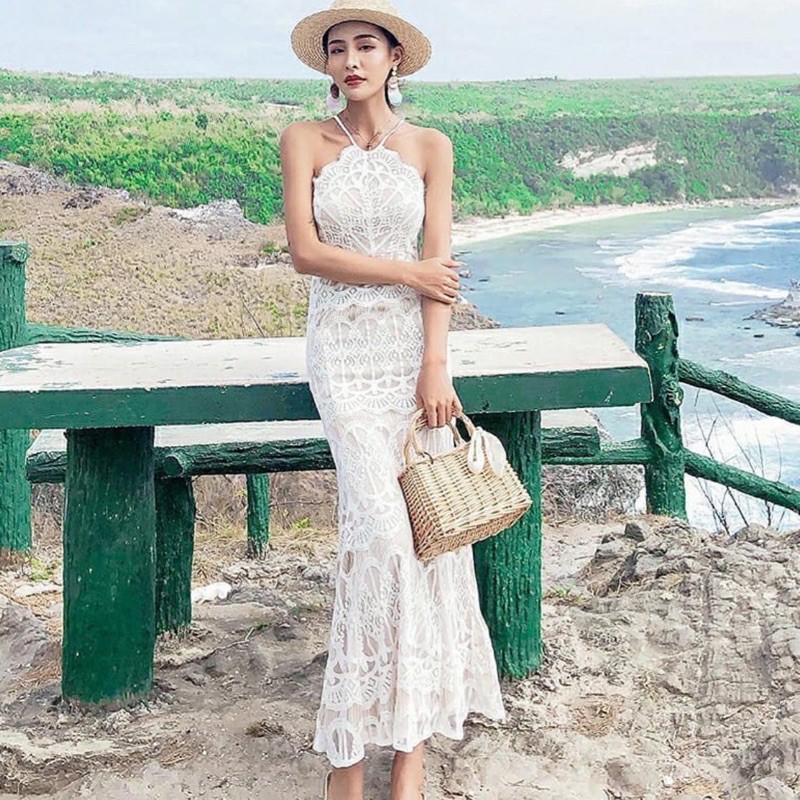 cheongsam dress bahan brukat putih elegan dengan model backless CODE TG49-784