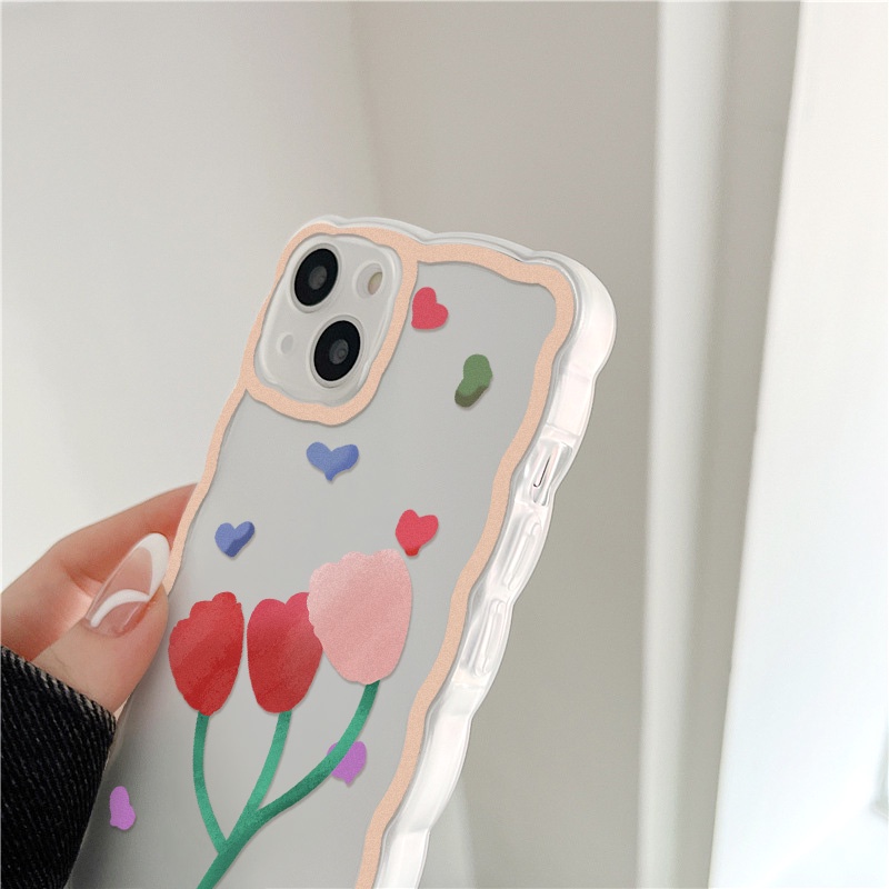 Soft Case Pelindung Lensa Kamera Motif Tulip Dan Hati Tahan Banting Untuk iPhone 13 Pro Max 11 12 Pro X XS Max 7 8 Plus SE 2020