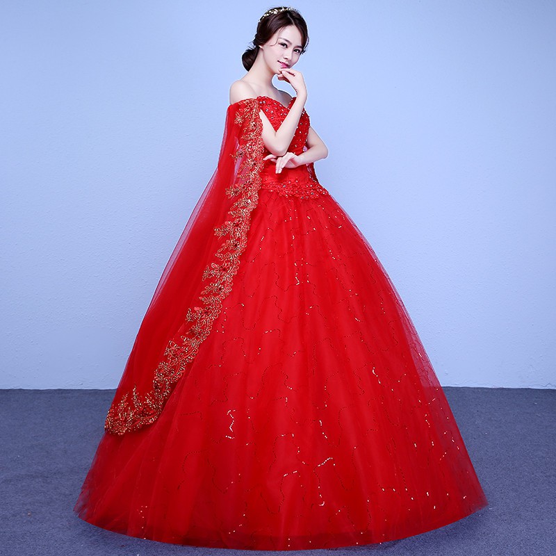 Putih Dan Merah Off Shoulder Women Wedding Dress Bridal Ball Gown Sabrina gaun pengantin