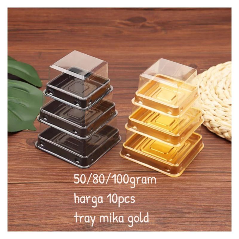 50 pcs TRAY MIKA EMAS / HITAM +TUTUP MOONCAKE 50/80/100 gr TRAY PUDING MOCHI serbaguna