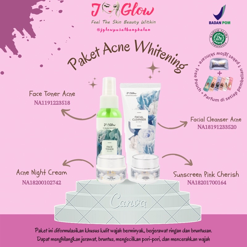 JGLOW SKINCARE PAKET ACNE WHITENING | Perawatan wajah berminyak dan berjerawat ringan