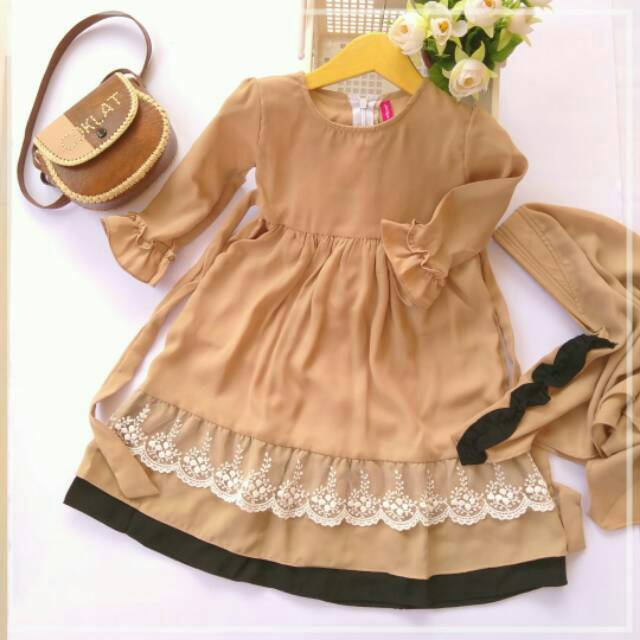 GAMIS ANAK 10-11 TAHUN TERBARU RUFFLE COKLAT REG+SB1-WCR GAMIS ANAK MURAH GAMIS POLOS GAMIS LABELLA
