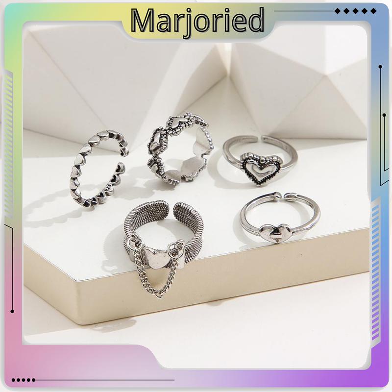 5pcs / Set Cincin Jari Telunjuk Model Terbuka Desain Hati Hollow Gaya Retro-MJD