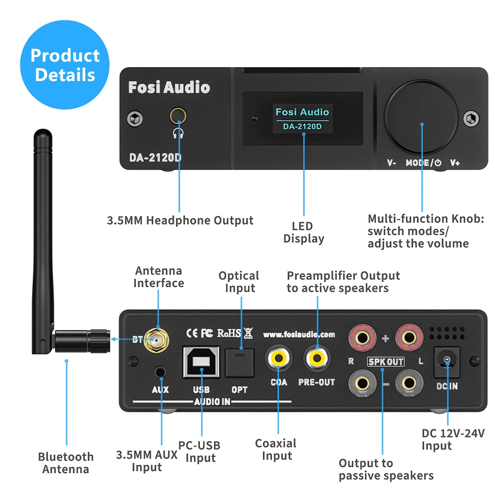 Fosi Audio Bluetooth 5.0 Amplifier 2.1 Channel Stereo Amp Receiver - DA-2120D - Black