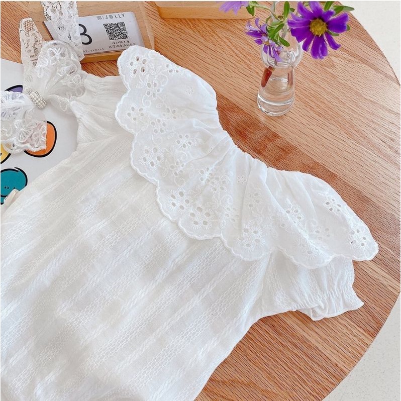 Romper anak/bayi perempuan putih polos kerah renda import-2